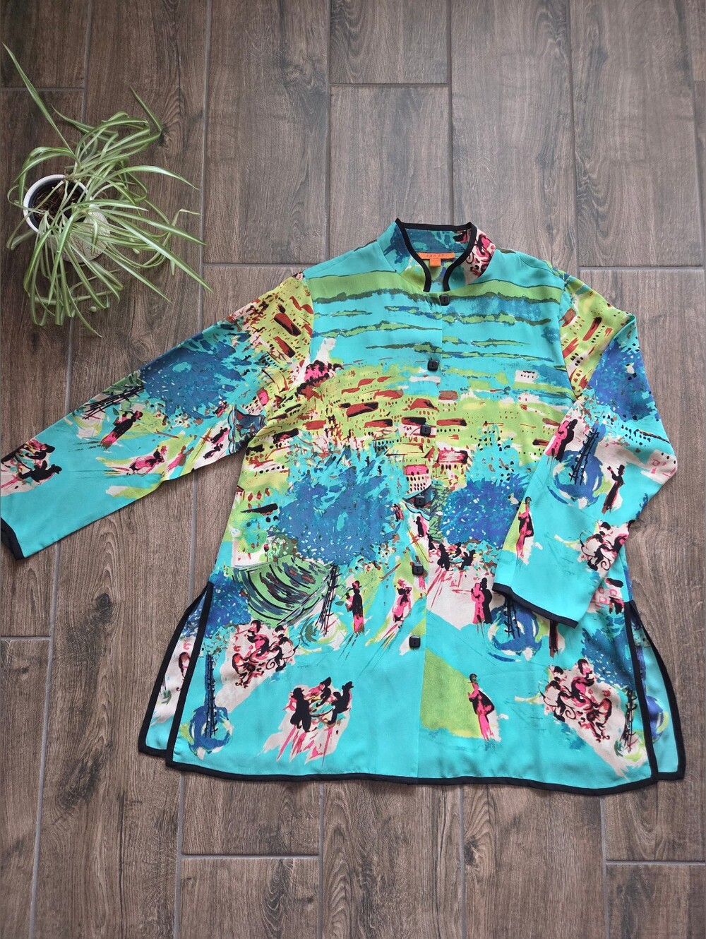 Harari 100% Silk Turquoise Multicolor Mediterranean Print Tunic Button Front Top